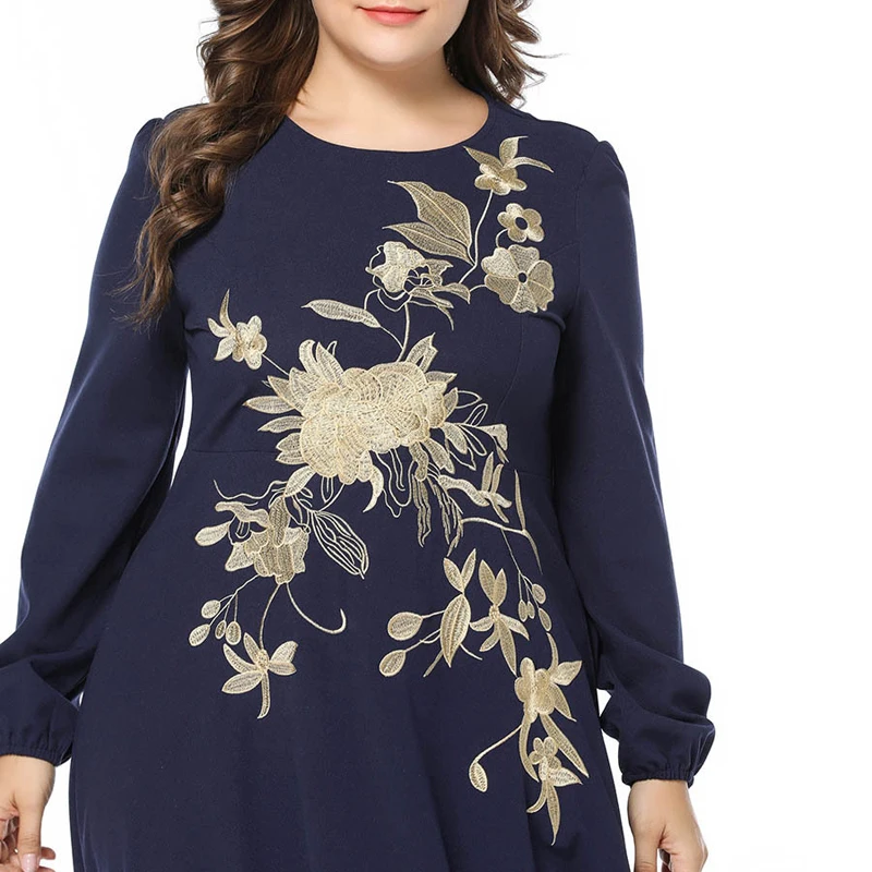 Женское платье макси с высокой талией размера плюс 2 вида цветов, Осеннее длинное платье с длинным рукавом и цветочной вышивкой на молнии, Vestido Robe 3XL 4XL
