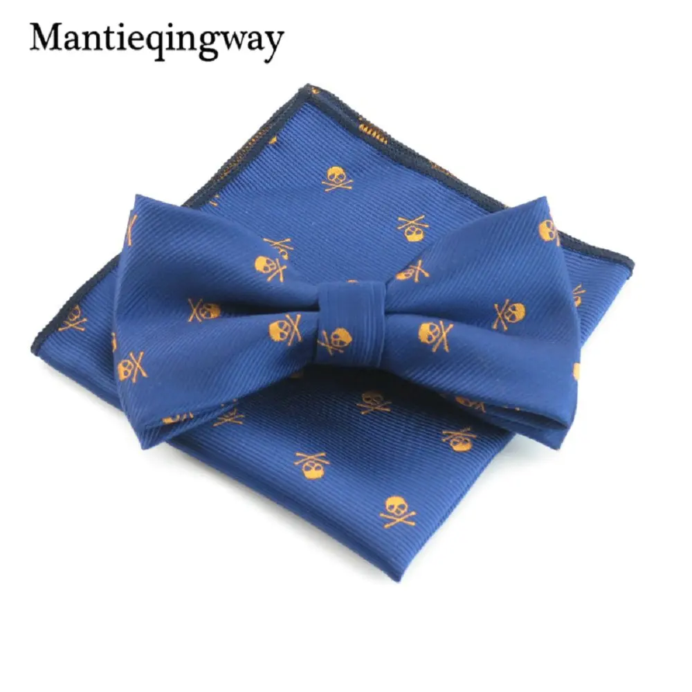 Полиэфирный галстук-бабочка комплекты носовых платков для Для мужчин с принтом "череп" с бантом Галстуки Для Свадьба Вечерние карманные квадратные носовые платки Галстуки - Цвет: navy blue orange