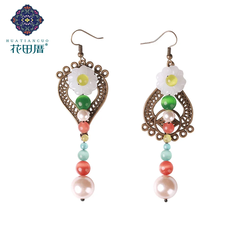 

Bohemian Lampwork Flower Long Dangle Earrings For Women Retro Hollow Alloy Imitation Cat Eye Stone Beads Jewellry Gift EZ-17059