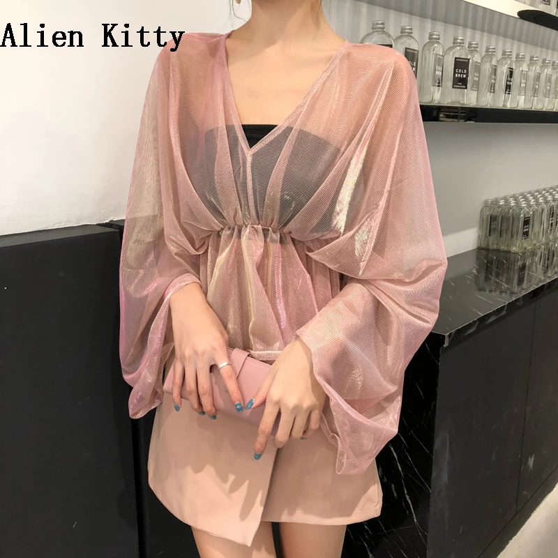 

Alien Kitty Women Summer Sunscreen Mesh Blouse Long Sleeve Bright Silk Ladies Thin Sexy V-Neck Tops Perspective Clothes Blouses