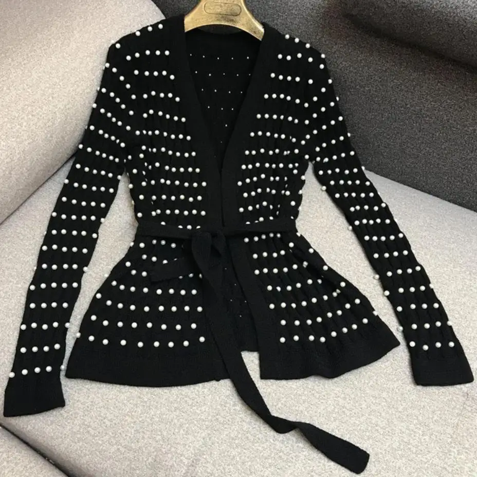 Best Price Pearl Beading long Sleeve Cardigan Black v-Neck Women Elegant Winter Sweater Best Price Pearl Beading long Sleeve Cardigan Black v-Neck Women Elegant Winter Sweater