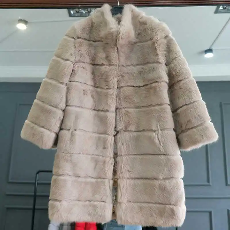 Женская Шуба из натурального кроличьего меха с воротником стойкой|real fur coat|rabbit