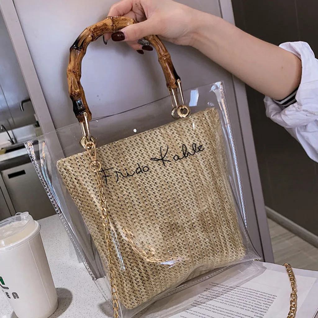 

CONEED Women's Handbag Woman Trendy Clear Jelly Shoulder Bags Ladies Bamboo Weave Handbags For Party Bohemia Handbag New MAY6