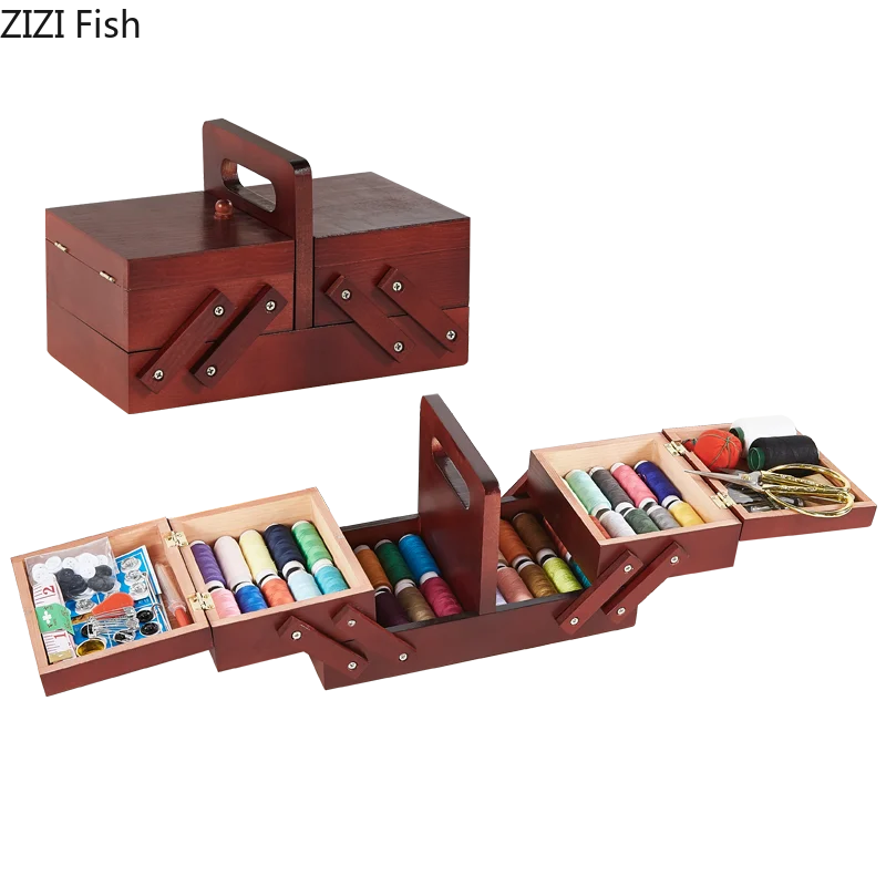 

Chinese Style Wooden Sewing Box Suit Household Fold Sewing and Embroidery Tool Storage Box Wedding Gift