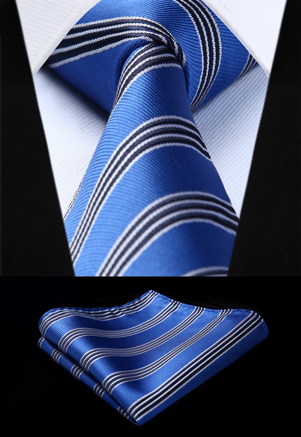 

Blue Black Striped 3.4" Silk Tie Party Wedding Handkerchief Set New#TS705B8S Woven Classic Tie Necktie
