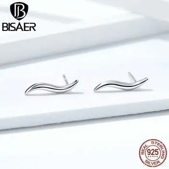 

BISAER Geometric Earrings Authentic 925 Sterling Silver Twisted Line Pave Women Small Stud Earrings Women Silver Jewelry ECE600