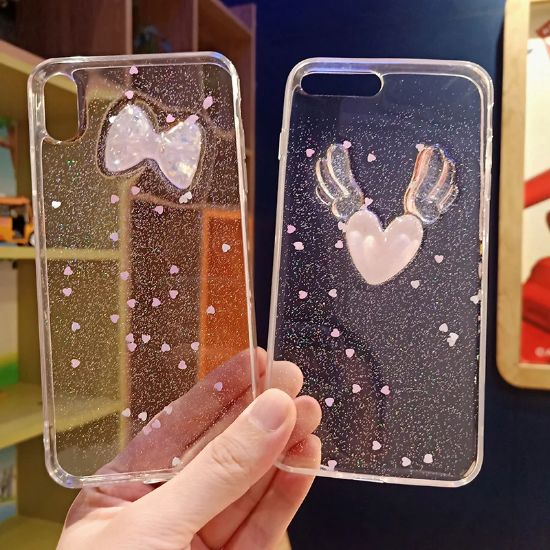 

3D Transparent Glitter Cover For iPhone X XS Max XR Love Heart Bow Soft Silicon Case for iPhone 8 7 6S Plus Capa Hoesje for Girl