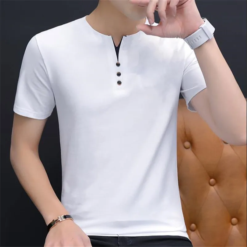 

T-Shirt Men 2019 Spring Autumn New Short Sleeve Tee Henry Collar T Shirt Men Soft Pure Cotton Slim Fit Tee Shirts