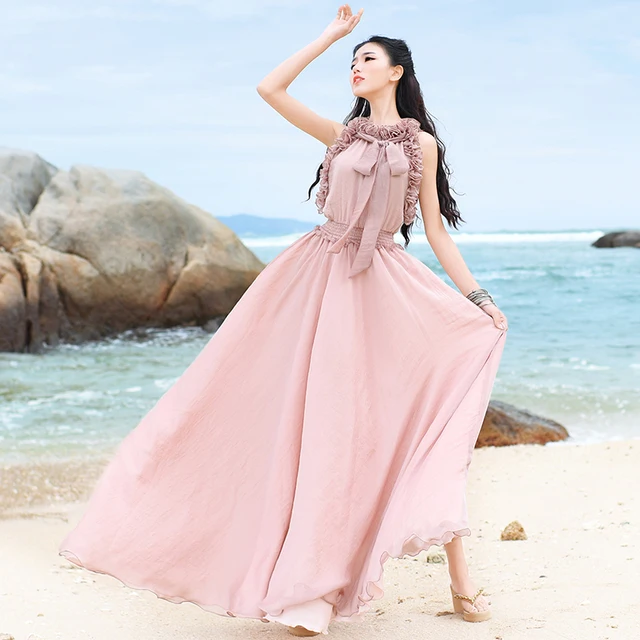 $US $74.80 Free Shipping 2021 New Fashion Boshow Summer Chiffon Women Ruffles Elasitc Waist One-piece Long Maxi Sleeveless White Dress S-L