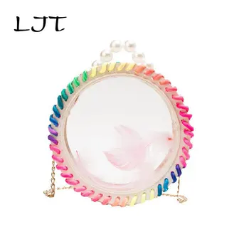 

LJT 2019 Brand Design Fashion Casual Round PVC Shoulder Bag Women Transparent Jelly Small Beach Bag Handmade Woven Handbags