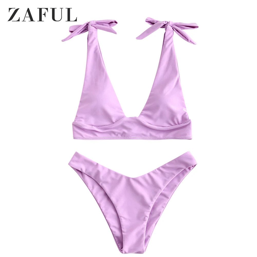 

ZAFUL Women Plunging Neck Bikini Set Bowknot Plunging Bikini Set Lady Sexy Swimwear Summer Beach Swimsuit Bathing Suit