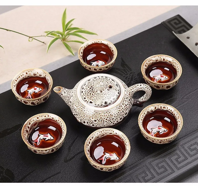 Китайский чайный набор кунг-фу включает в себя 6 чашек 1 чайный горшок фарфоровый набор чайных чашек Celadon рыба чайная чашка набор чайная посуда Улун чайный набор кунг-фу