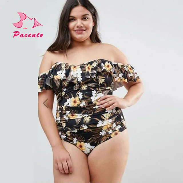 Best Offers Pacento One-piece Suits Swimsuit Women Plus Size Swimwear Large 4XL 5XL Off Shoulder Print Floral Swimwear Women Big Size 2018
