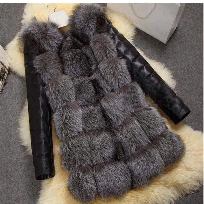 S-4XL Fashion Autumn Winter Coat Women Faux Fox Fur Coat with PU sleeve Female Fake Fur Jacket gilet chalecos de pelo mujer north face parka