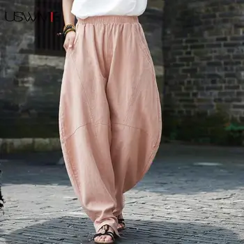 

2020 Summer Pants Women Retro Literary Simple Leisure Elastic Waist Solid Color Pockets Loose Comfort Plus Size Wide Leg Pants