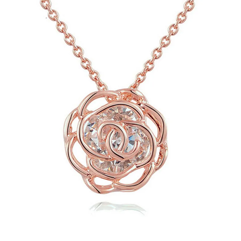 

MOONROCY Rose Gold Color Drop Shipping Fashion Austrian Crystal Necklace Hollow Rose Flower Necklace Women's Gift Choker