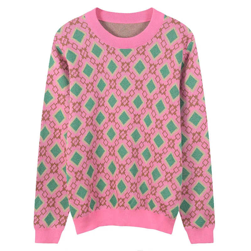 

2019 Spring fashion knitted sweater retro pink diamond lattice geometric pattern with bright silk undercoat sweater jacket