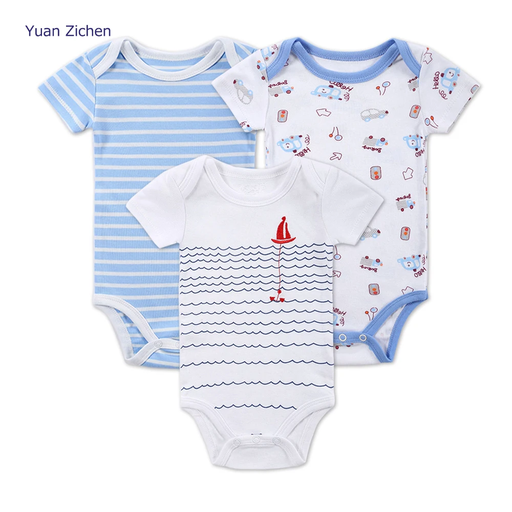 Baby Boy Summer Clothe For Gird Rompers 2018  Costume White Blue Short Sleeve Cute Suit 3 Piece A Lot  Bodysuit For Lucky  Child