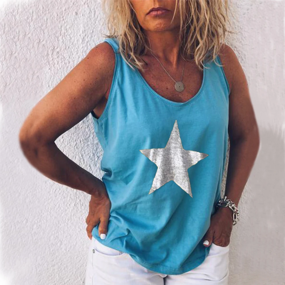 

Summer Print T shirt Women Solid Cotton Tees O-Neck Sleeveless Mujer Camisetas Pentagram 5XL Loose Plus Size Tops Ladies