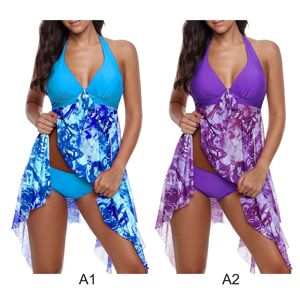 

2Pcs Womens Plus Size Lady Printing Swimsuit Dress Pants shorts bikini split swimsuit