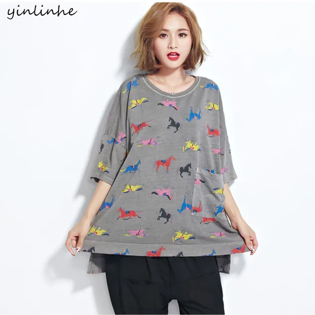 yinlinhe fashion women summer t shirts plus size loose cotton horse plus size cute clothes