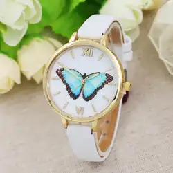 2018 Новая мода Blue Butterfly Для женщин девушки кожаный ремешок Аналоговый кварцевый механизм творческие Изящные наручные часы relogios Saat F80