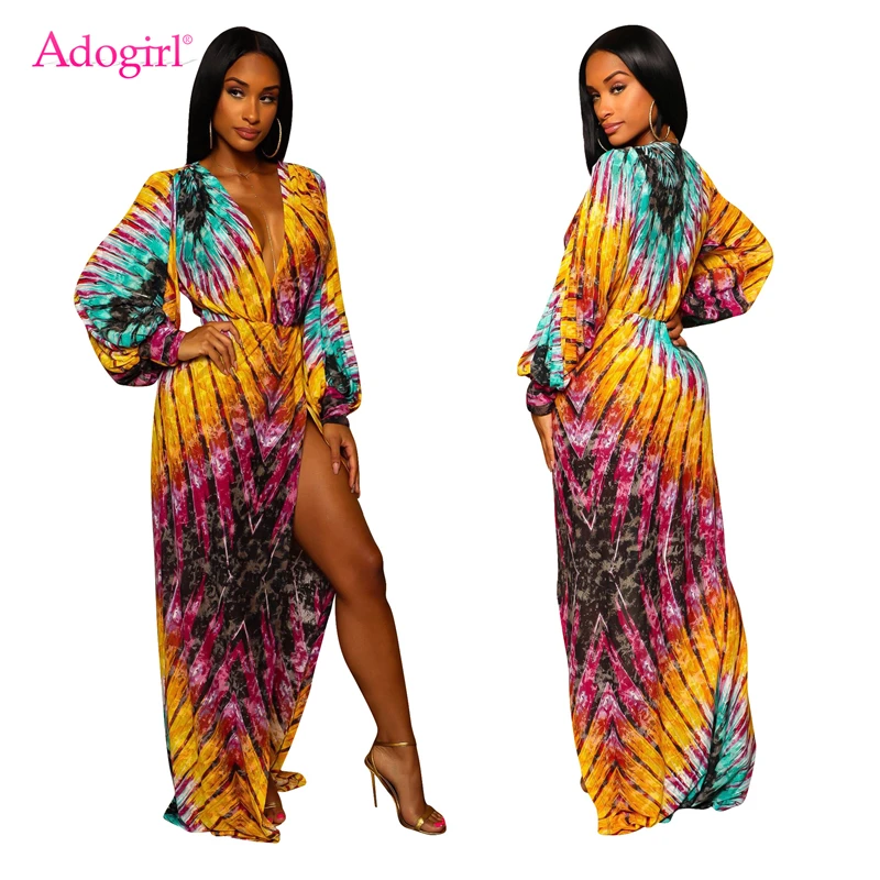 Adogirl модный принт Для женщин асимметричное платье пикантные Обёрточная бумага с v-образным вырезом Длинные Фонари рукавом высоким разрезом