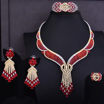 

GODKI Famous Design Cluster Women Wedding Red Cubic Zirconia Statement Necklace Earring Bangle Ring Jewelry Set