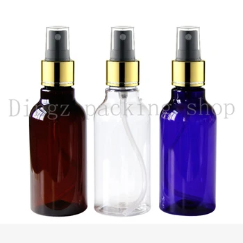 

50pcs 100ml Empty blue clear brown Plastic Bottle With Gold collar Mist Spray Perfume Bottles,Cosmetic Packaging Container