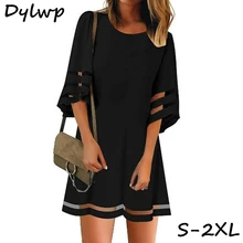 Women Chiffon Mesh Dresses 2019 Summer Casual Ladies Loose Round Neck Mini Beach Dress Bell-Sleeve A-line Dress Plus Size split bell sleeve a line dress