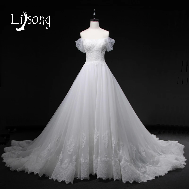 Romantic Off Shoulder White Wedding Dress Long Floral A line Bridal