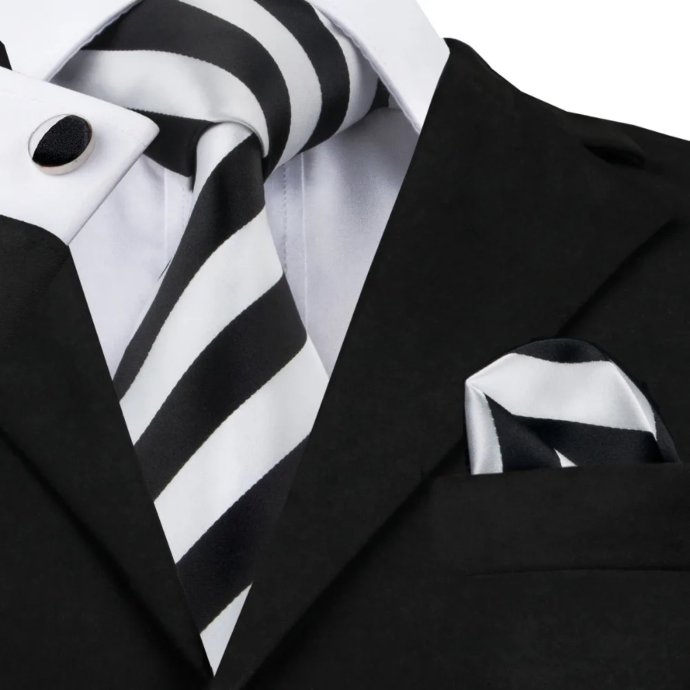 SN 276 White black Striped Tie Hanky Cufflinks Sets Men's 100 Silk