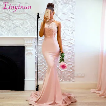 

Pink 2018 Cheap Mermaid Bridesmaid Dresses Halter Beaded Lace Backless Long Wedding Party Dresses For Women