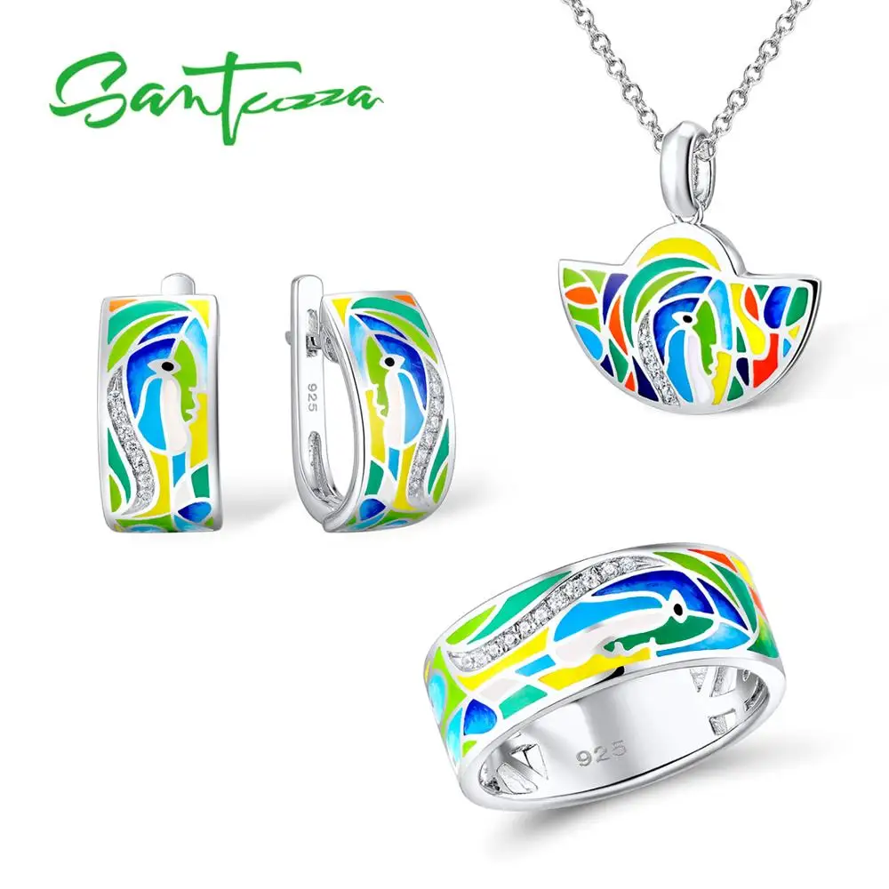 

Santuzza Jewelry Set Colorful Enamel Face Ring Earrings Pendent Necklace 925 Sterling Silver Women Fashion Jewelry Set HANDMADE