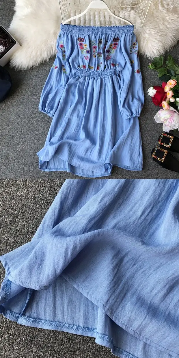Женское повседневное однотонное свободное мини пляжное платье с расклешенными рукавами летнее сексуальное открытое платье с вышивкой