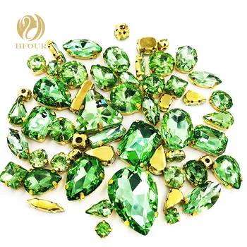 

New Product high quality Gold base mixed shape Light green glass flatback sew on rhinestones with claw DIY clothing Accessories
