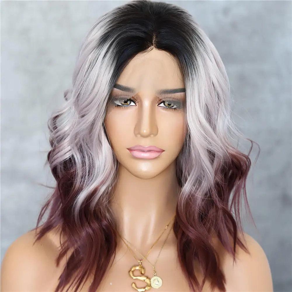 Multicolor BeautyTown темный корень Омбре фиолетовый красочные короткие волосы блоггер ежедневный макияж Glueless синтетические кружева перед Свадебная вечеринка парики - Цвет: Multicolor