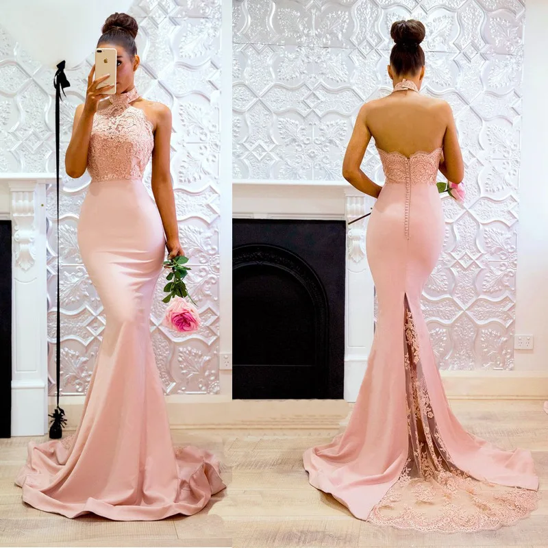 Vestidos De Fiesta 2019 Новая модная Русалка Холтер с плеча розовые платья для выпускного вечера эффектное с открытой спинкой и аппликацией кружева