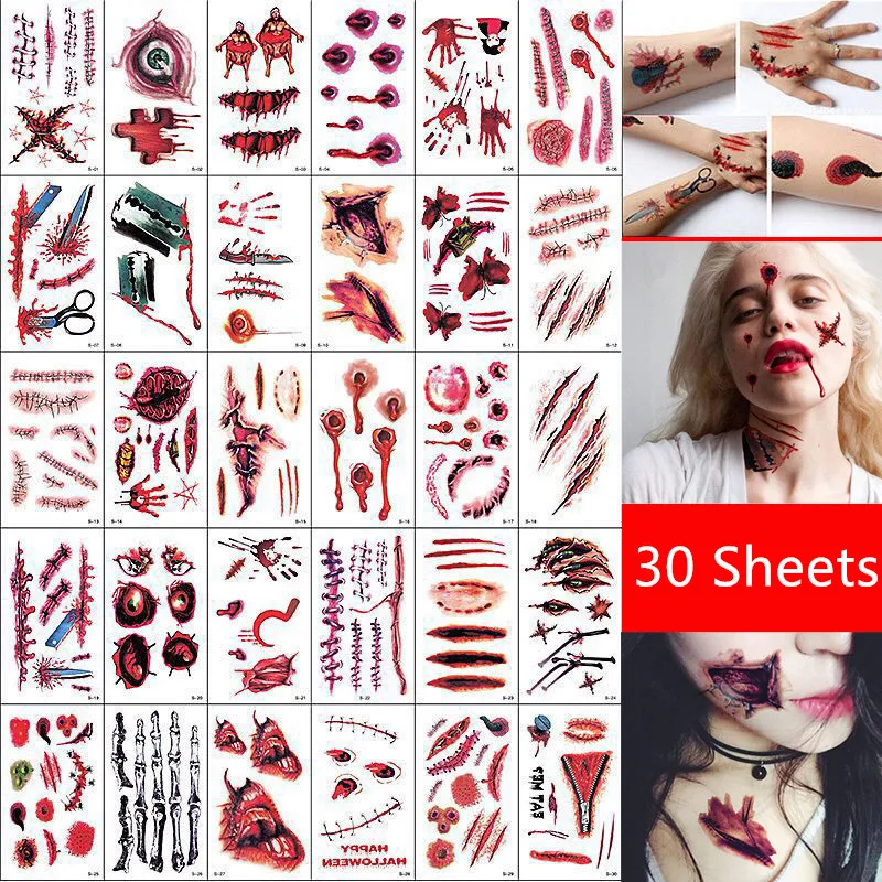 

30 Sheets Vampire Temporary Tattoos Sticker Halloween Scar Collection Waterproof Cosplay Costume Prop Carnival Hole Carrion