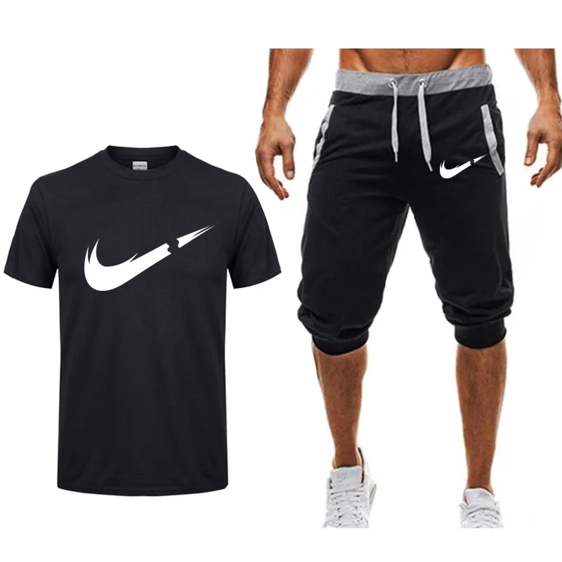 

2019 New Men Fashion Two Pieces Sets T Shirts+Shorts Suit Men Summer Tops Tees Fashion Tshirt High Quality Brand men clothing