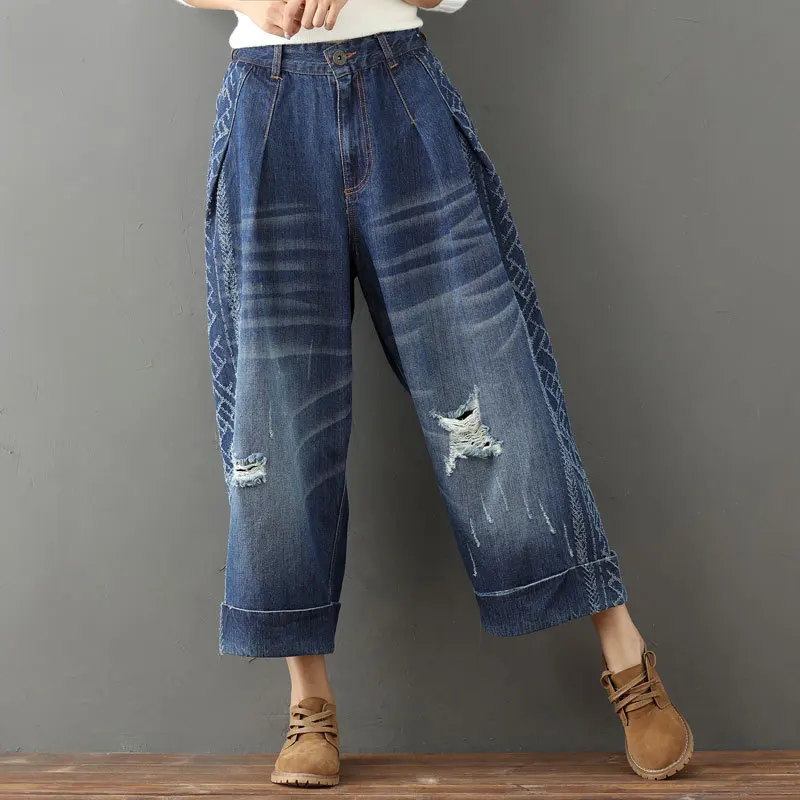 Женские винтажные свободные джинсы с эластичной резинкой на талии, широкие брюки, женские джинсы с рисунком, потертые отбеленные дырки, рваные джинсы