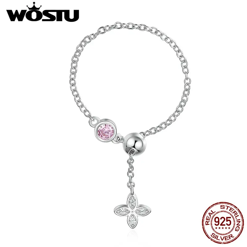 

WOSTU New Style 925 Sterling Silver Lucky Clover Chain Rings For Women Fine S925 Silver Jewelry Gift CQR149