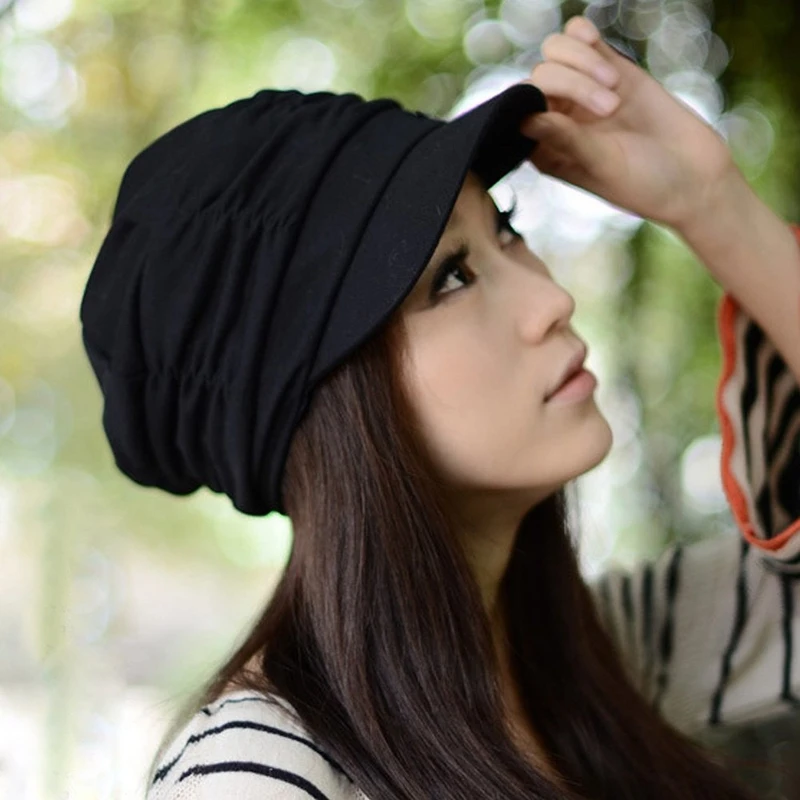 Women Girl Fashion Design Drape Layers Beanie Rib Hat Brim Visor Cap FFH010BLK Black