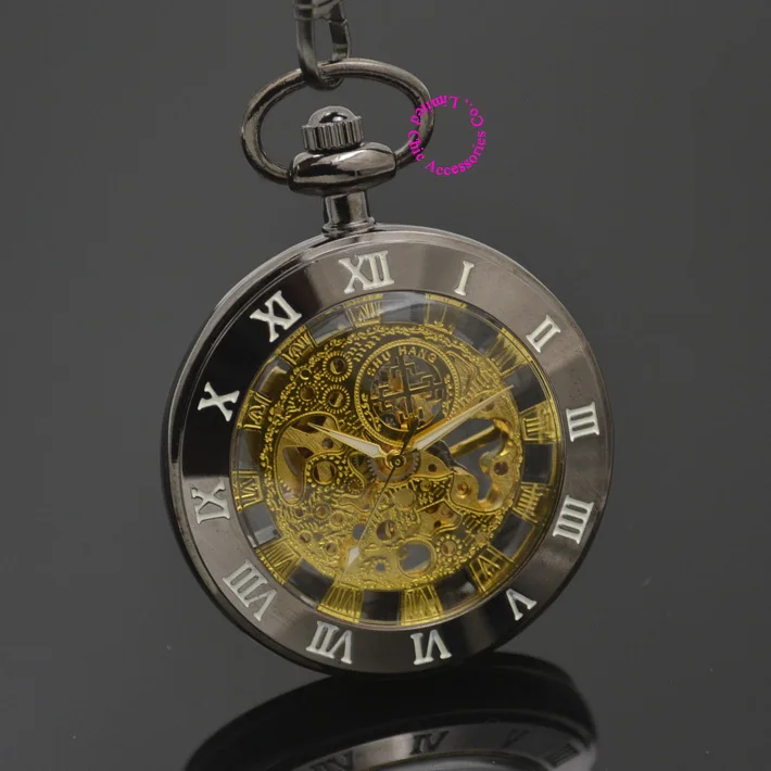 wholesale gold Mechanical Pocket Watch men skeleton steampunk man fob watches roman antique