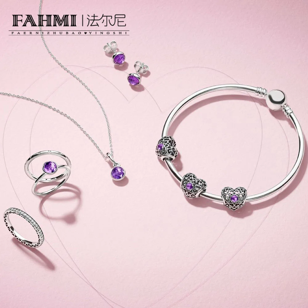 

FAHMI 100% 925 Sterling Silver 1:1 FEBRUARY SIGNATURE HEART BIRTHSTONE CHARM DROPLET PENDANT EARRING Ring Bracelet Necklace Set