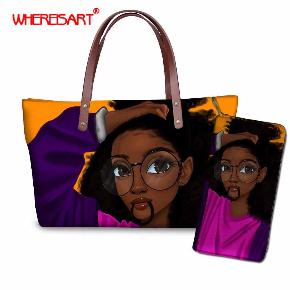 

WHEREISART Women Bag Set Black Art African Girls Top-Handle Female Handbag Shoulder Bag Ladies PU Leather Purse with Hand Bag
