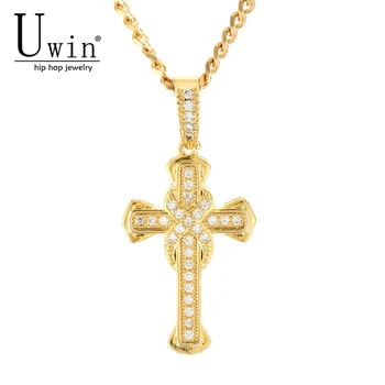 

UWIN Hip Hop CZ Cross Pendant Gold Palted Stainless Steel Trendy Rock Punk AAA Zircon Necklace Men Cold Religious Jewelry