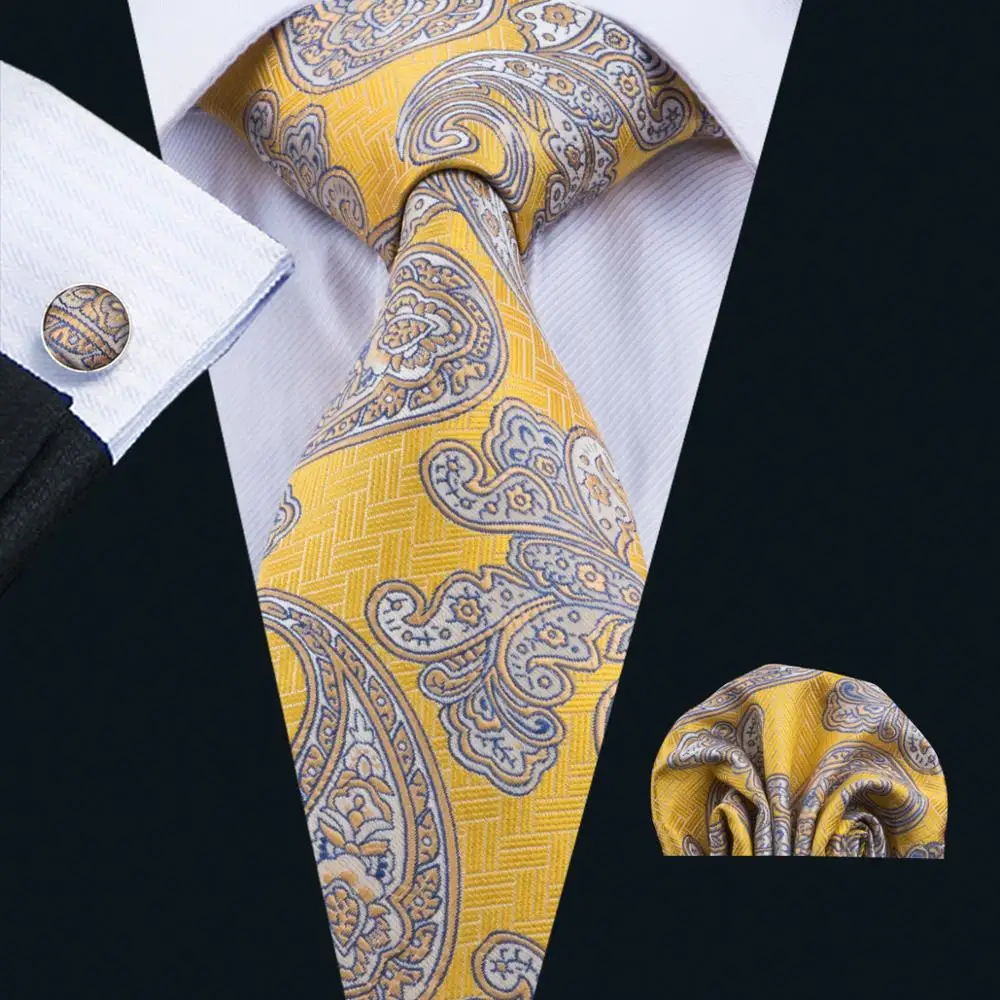 Buy LS 1730 Barry.Wang 2017 Mens Tie Set Silk Gravata Yellow Paisley Necktie