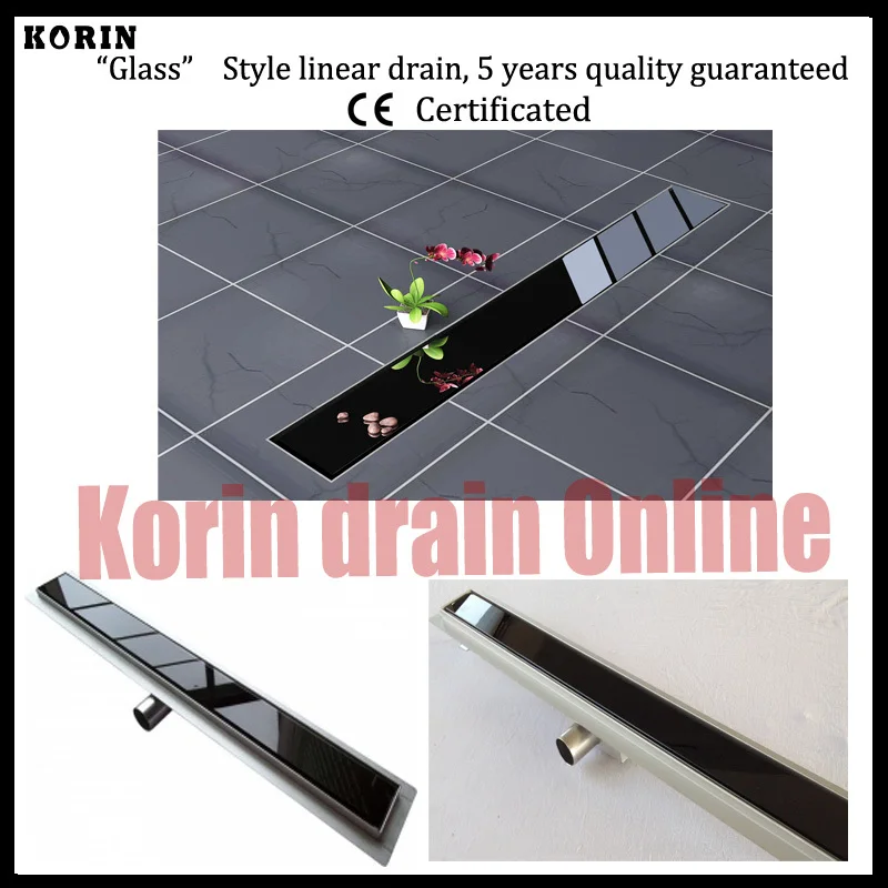 900mm "BLACK GLASS" Stainless 304 Linear Shower Drain, SIDE OUTLET