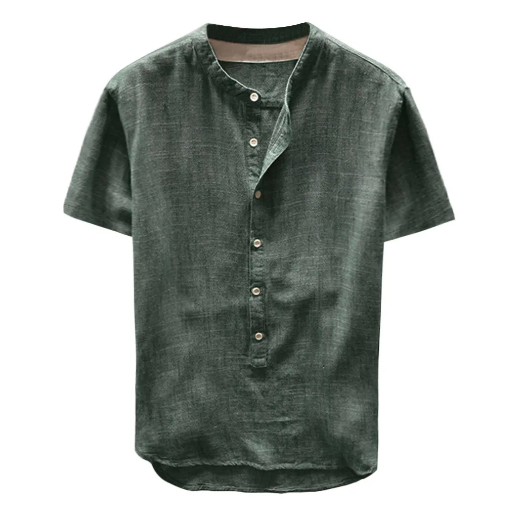 YYear Mens Cotton Linen Loose Short Sleeve Contrast Button Up Shirt